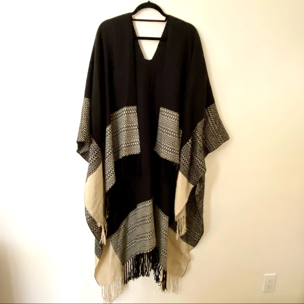 [ Sold ] Black and Beige Open Front Blanket Poncho with Fringe